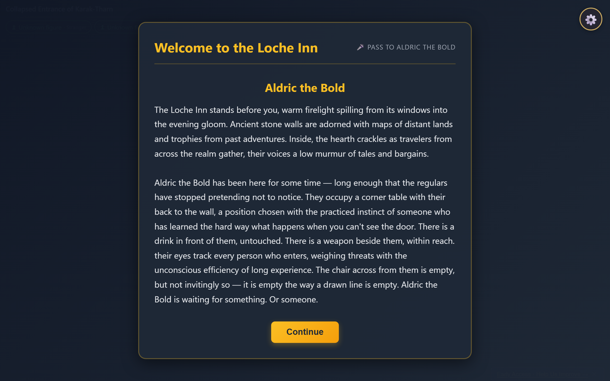 The character introduction narrative panel showing a character's entrance to the story