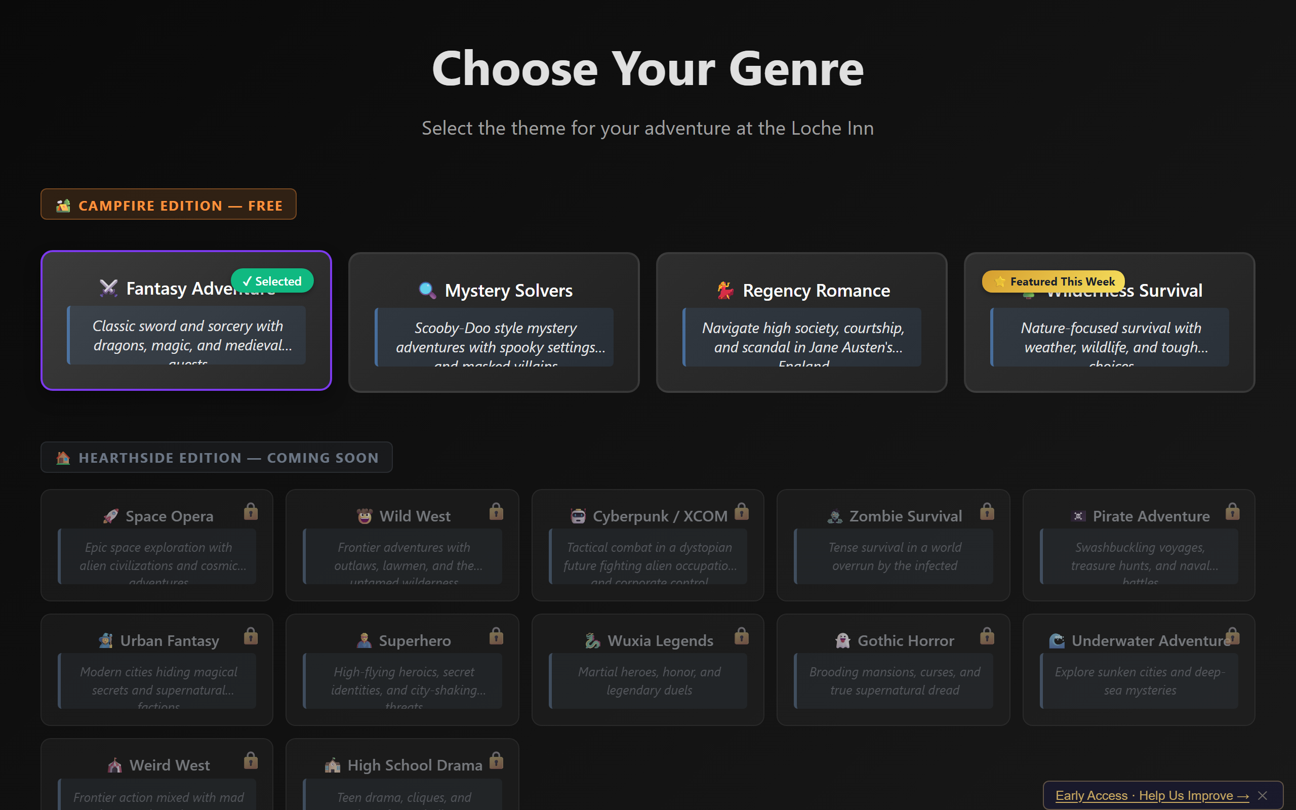 The genre selection screen with a genre highlighted, showing the Continue button