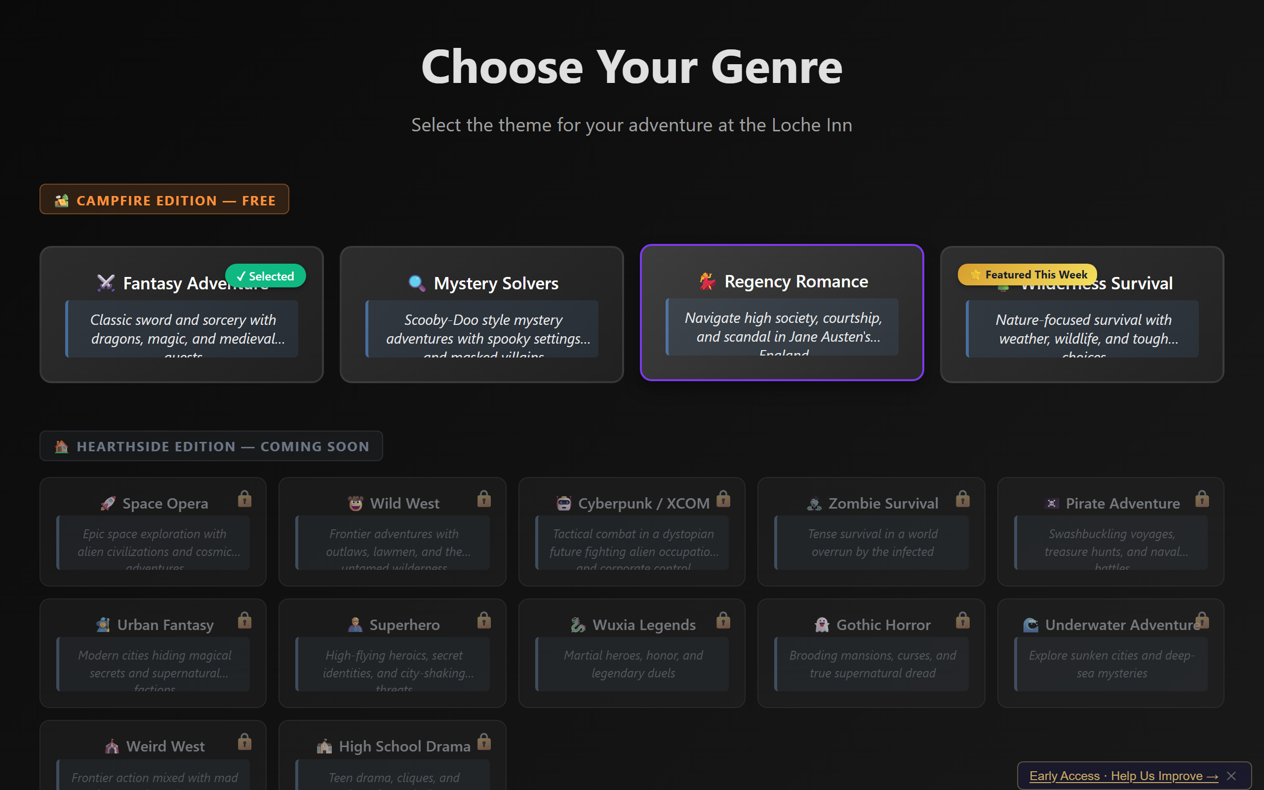 The genre selection screen showing multiple genre options like fantasy, cyberpunk, mystery, and more