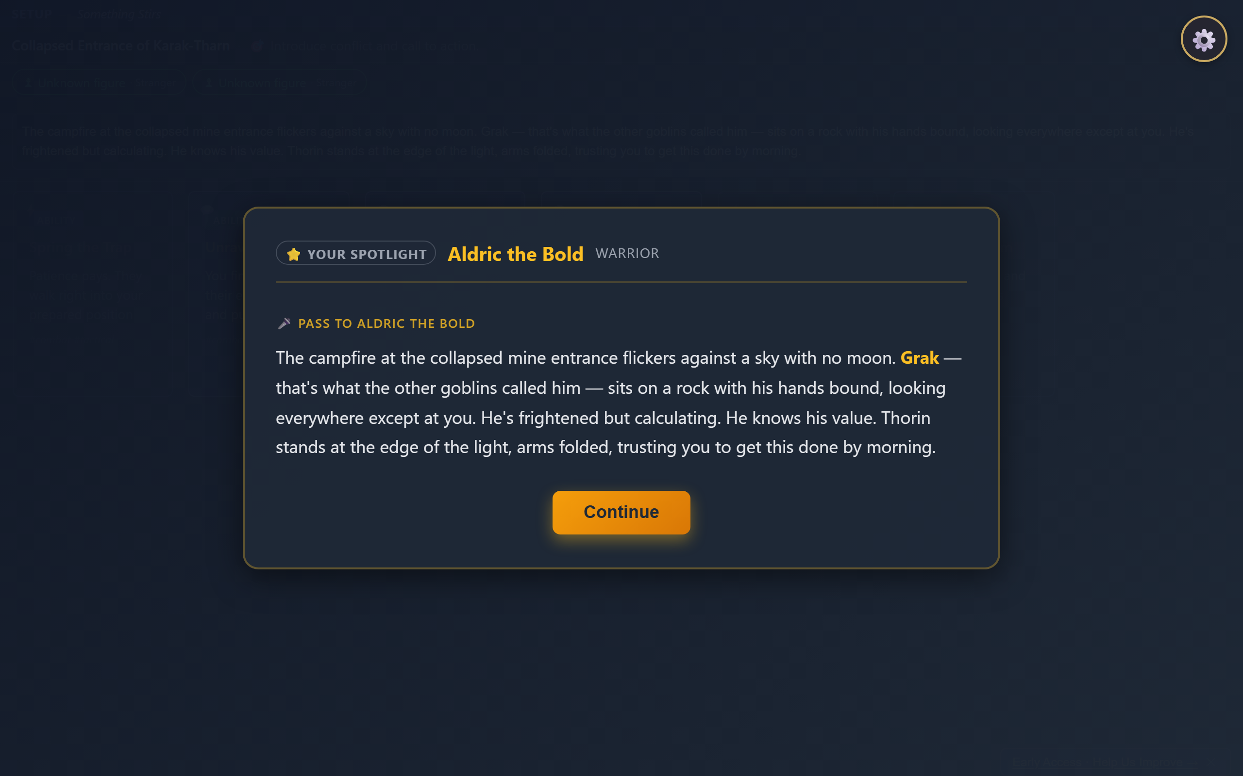The main game view showing the narrative spotlight panel with card hand at the bottom