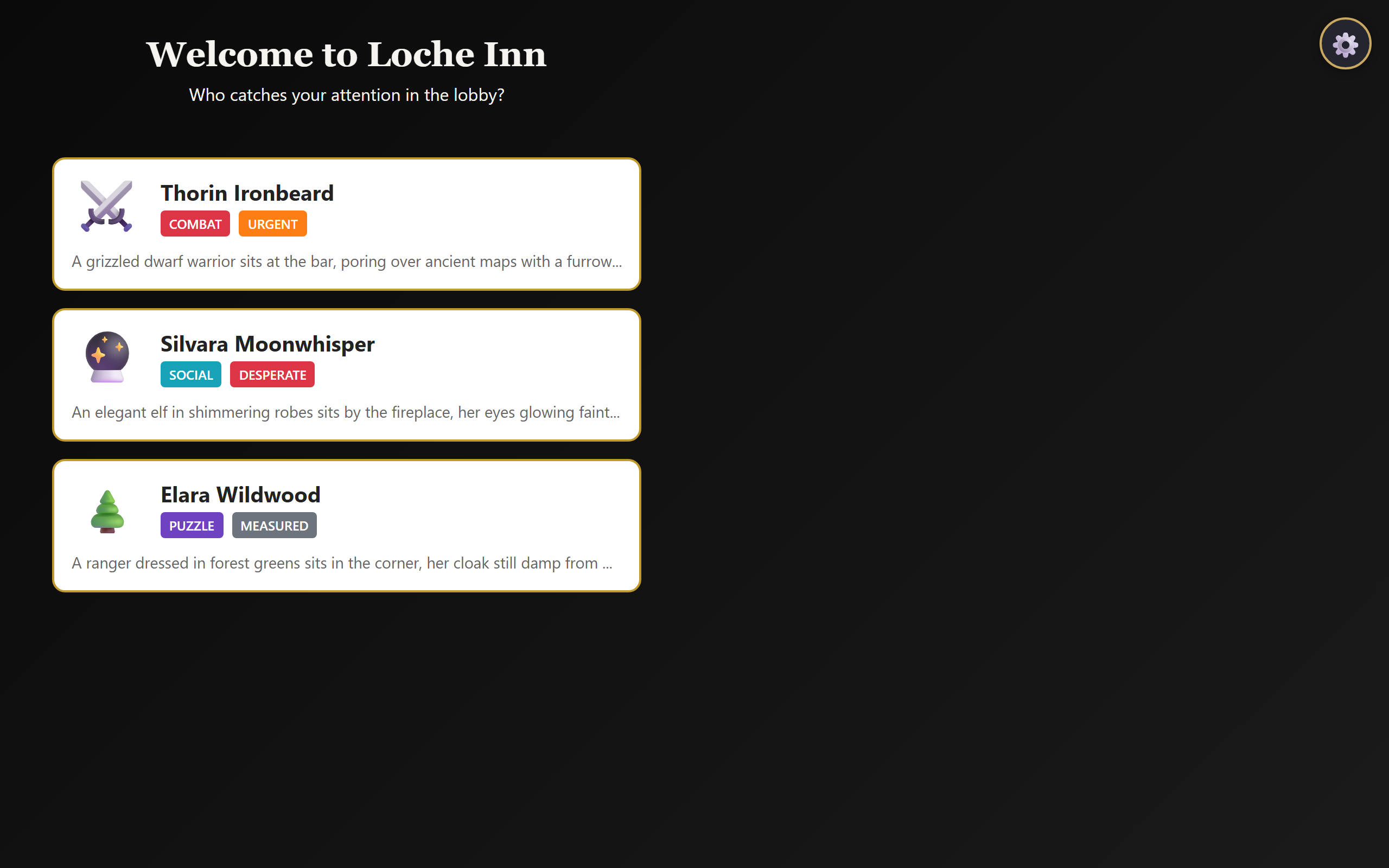 The tavern scene showing NPC patrons the player can approach, each with different quest styles and urgency